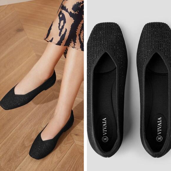 Vivaia Margot 2.0 Flats Size 39 or 8 Black Metallic Shimmer Square Toe V Cut - Picture 1 of 13